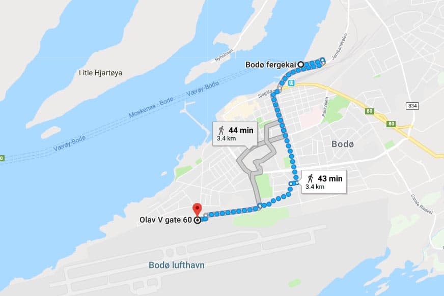 Map of the route from Bodo Airport to the ferry to Lofoten