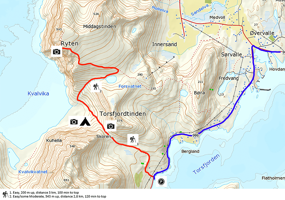 Map of hiking on the Kvalvika beach and mountain Riten